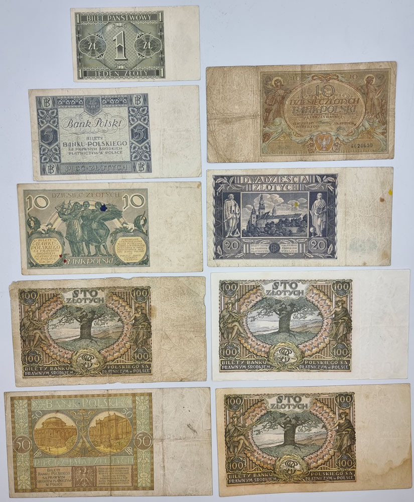 1 - 100 złotych 1926 - 1938, zestaw 9 banknotów